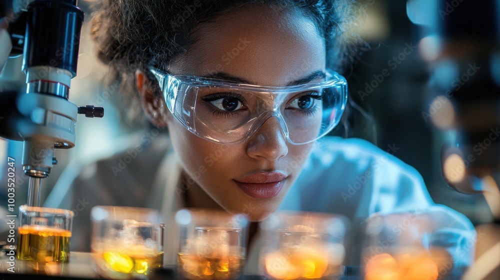 Poster a scientist examines samples under a microscope in a laboratory during the evening hours, showcasing