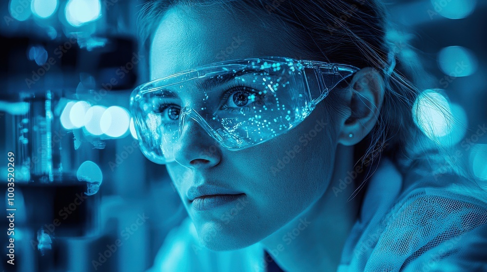 Poster scientist in safety goggles examining glowing experiments in a laboratory during evening hours with 