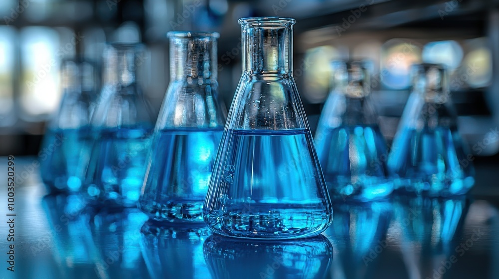 Poster laboratory glassware with blue liquid resting on a reflective surface in a laboratory setting during