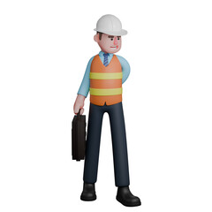 Male Architect Professional Character. An Architect stands with his right hand carrying a briefcase while his left hand is behind his body. 3D Illustration