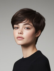 Pixie cut featuring short, layered texture for volume. Showcases face and neck, easy to style and maintain, with versatile options.

