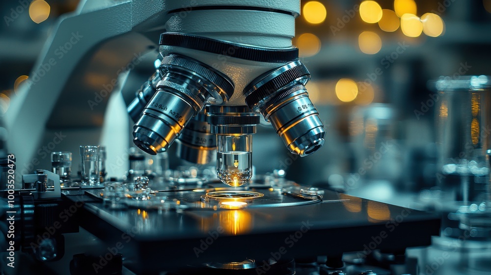 Poster a modern microscope on a laboratory bench illuminating a specimen during a research session in a sci