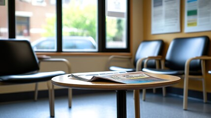 Fototapeta premium A waiting area with chairs and a table holding a magazine, suggesting a calm environment.