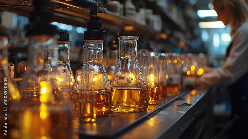 Poster laboratory setting featuring illuminated flasks with amber liquid and a researcher working in a mode
