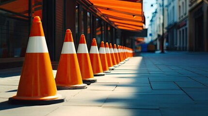 Obraz premium Orange and white cones scattered beside a shaded awning, creating a scene of outdoor safety or organization
