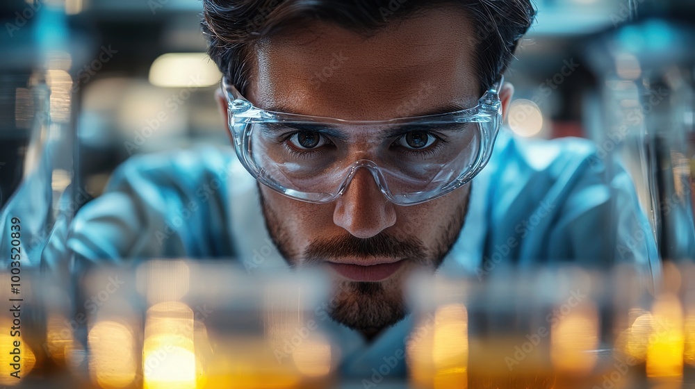Poster a focused scientist examines samples in a laboratory setting during the evening hours