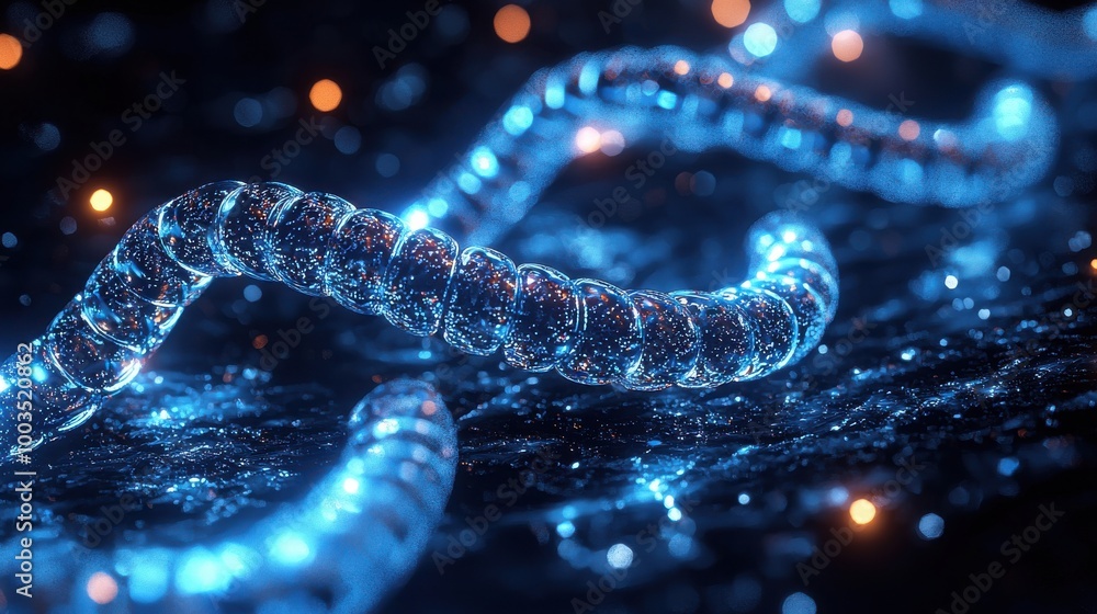 Poster a detailed close-up view of glowing microscopic structures resembling worm-like forms in a dark, blu