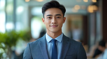 Portrait young confident smart Asian businessman look at camera and smile. Generative AI