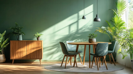Fototapeta premium Mint color chairs at round wooden dining table in room with sofa and cabinet near green wall. Generative AI