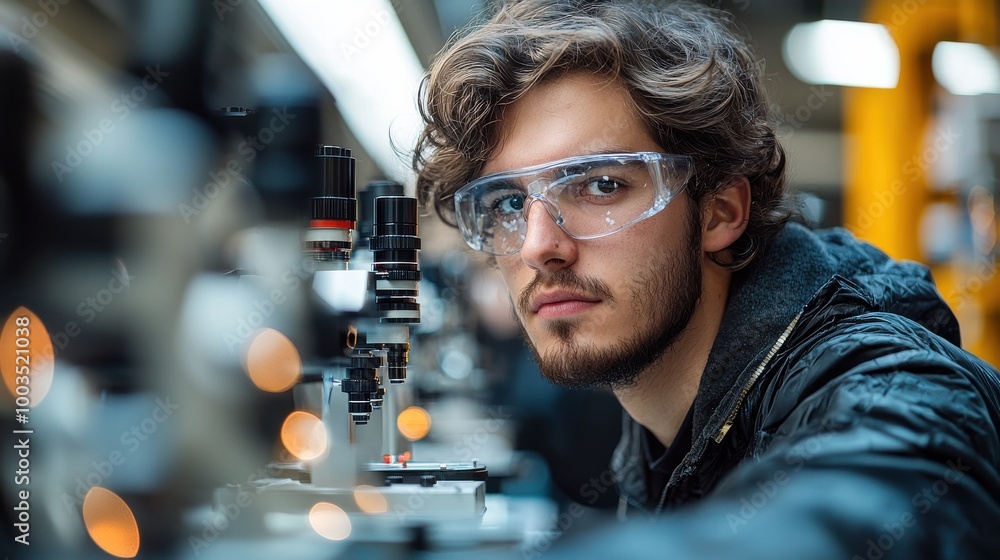 Poster young scientist working intently in a laboratory setting with advanced equipment during the daytime