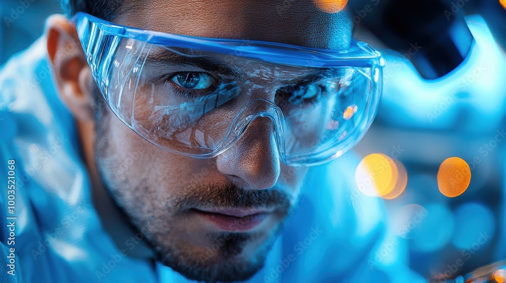 Poster a focused scientist observes samples under a microscope in a laboratory filled with advanced equipme
