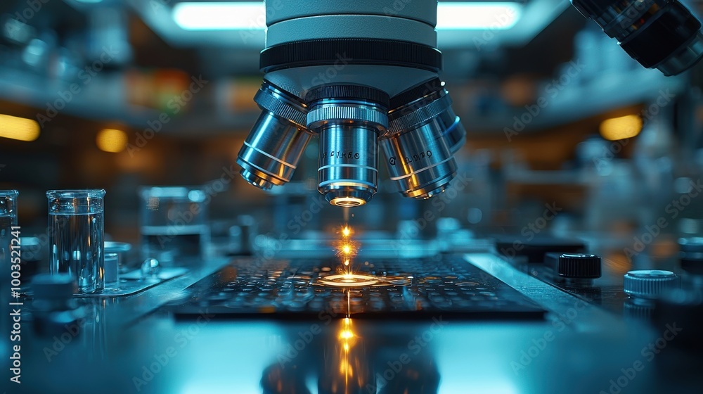 Poster microscope examining samples in a laboratory with illuminated workspace during a scientific research