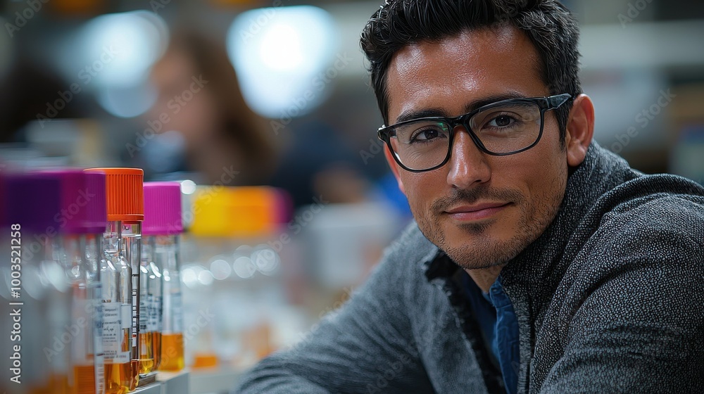 Poster a young scientist working in a laboratory with colorful samples during a research project in the aft