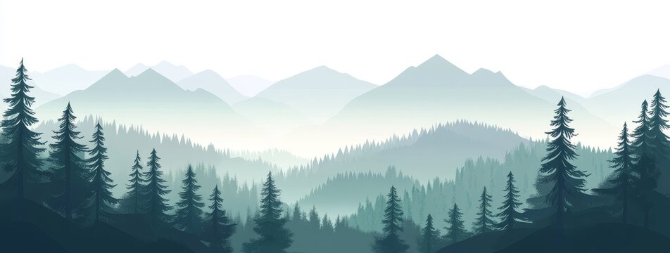 Misty mountain landscape with silhouetted pine trees in the foreground.