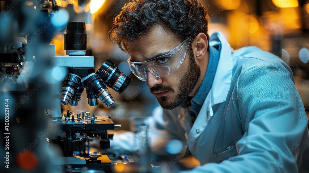 Poster scientist examining samples with a microscope in a modern laboratory during evening hours