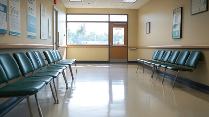 A waiting area with green chairs and natural light through a window.