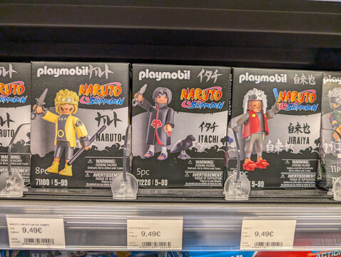 France, 19 August 2024 : Playmobil Naruto Shippuden toy figures displayed on store shelf