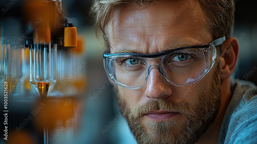 Poster focused laboratory technician analyzing samples with precision during an experimental process in a m