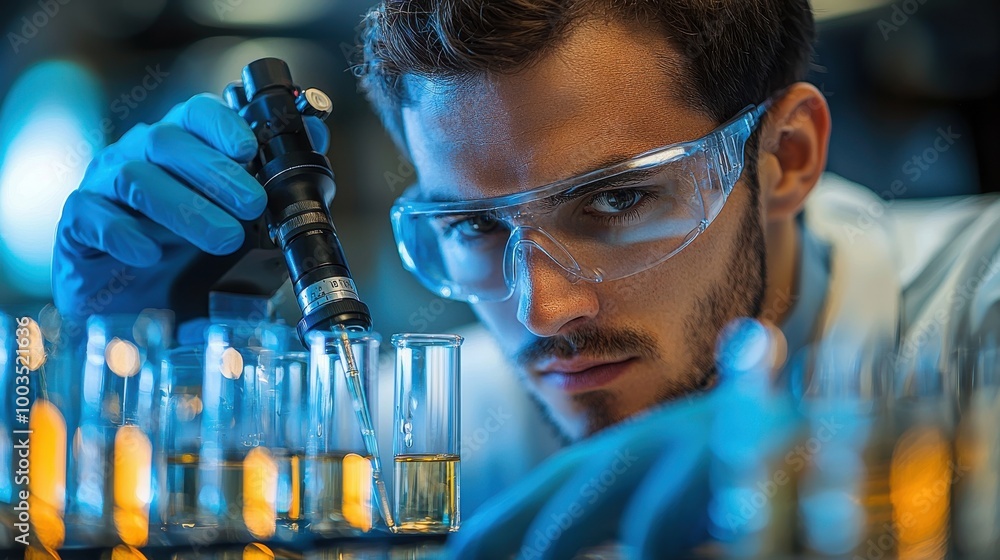 Poster scientist conducting experiments in a laboratory with test tubes and pipettes during an evening rese