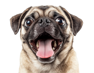 Young pug dog panting mouth wide open transparent background.