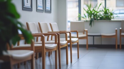 A waiting area with wooden chairs and plants, designed for comfort and relaxation.
