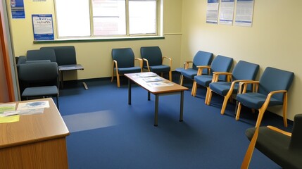 A waiting room with blue chairs and a table, designed for comfort and information sharing.
