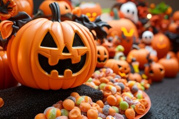 A Halloween candy land filled with floating sweets, glowing pumpkins, and magical creatures guarding piles of spooky candy