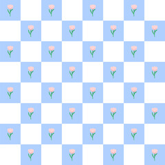 Flowers blue and white chess grid seamless pattern. pink tulips Flower. modern elements. flowers background design. Illustration vector 10 eps.
