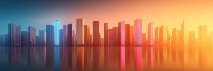 A vibrant city skyline at sunset, with skyscrapers reflecting in the water.