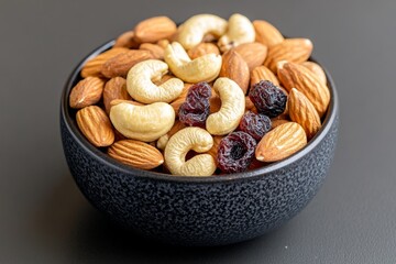 Fototapeta premium A clean eating snack of mixed nuts and dried fruit, presented in a small bowl, ideal for a healthy, on-the-go snack