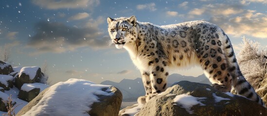 Fototapeta premium Snow Leopard Standing on a Snowy Mountain