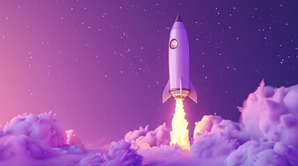 Naklejka premium Space rocket launch with purple background smoke, 3d Rendering, copy space.