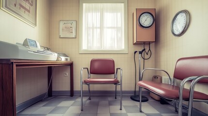 A waiting room with two chairs, a desk, and medical equipment.