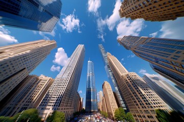 A downtown skyline with towering skyscrapers and busy streets below, showcasing the energy and density of urban life