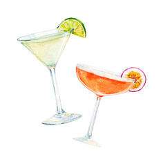 Watercolor Gin lemony and Passion Martini illustration. Alcohol long drink clipart. Glass of cocktail. Club shake beverage hand drawn illustration. Stock print.