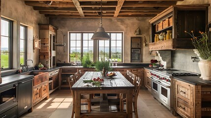 Rustic kitchen with wooden cabinets, a large wooden table, and a view of the mountains through the window.