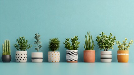 Fototapeta premium Eight charming, hand-painted plant pots showcasing various green plants against a solid blue background. National Make A Gift Concept