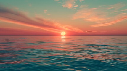 Fototapeta premium Vibrant sunset over the ocean, with the sun setting below the horizon. The sky is filled with orange, pink, and red clouds, and the water is reflecting the colors of the sunset.