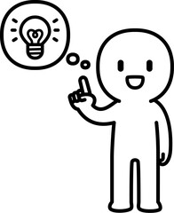 指さす人物と電球のデフォルメイラスト、閃き