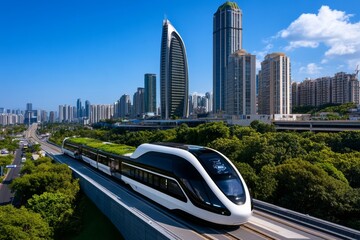 Naklejka premium A futuristic cityscape with green rooftops, smart buildings, and automated transportation, showcasing the pinnacle of sustainable urban planning