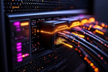 A futuristic digital interface showing a network hacking attempt, where advanced encryption is being broken and data is flowing between systems