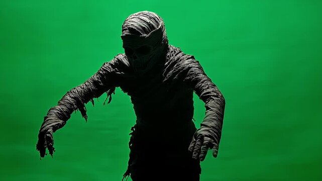 Spooky mummy walks menacingly against a green screen, perfect for halloween projects. The eerie silhouette adds a creepy vibe, ideal for film compositing