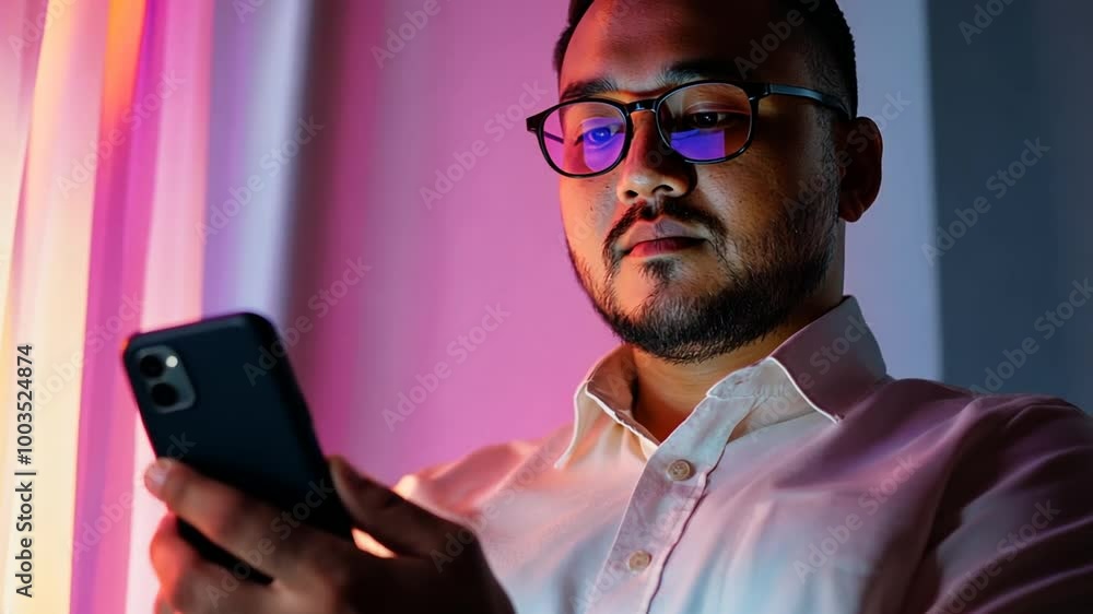 Aufkleber man checking phone indoors with colorful lighting in the evening generative ai