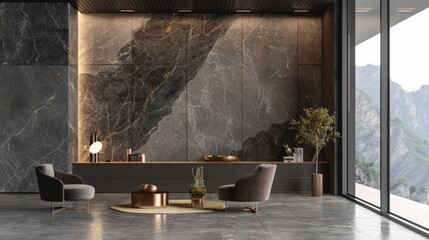 Modern luxury living room interior background with granite walls, chairs and wooden console