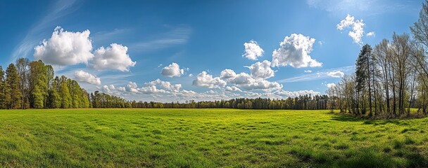 Lush green field with a blue sky, fluffy white clouds, and a distant line of trees.