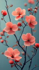 Pink flowers bloom on a branch against a soft blue background.