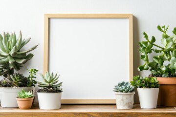 Fototapeta premium Blank wooden frame on a shelf with various succulents in pots.