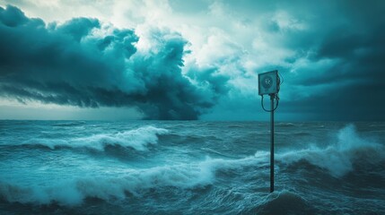 A weather station at the edge of the ocean capturing real-time data as a massive storm