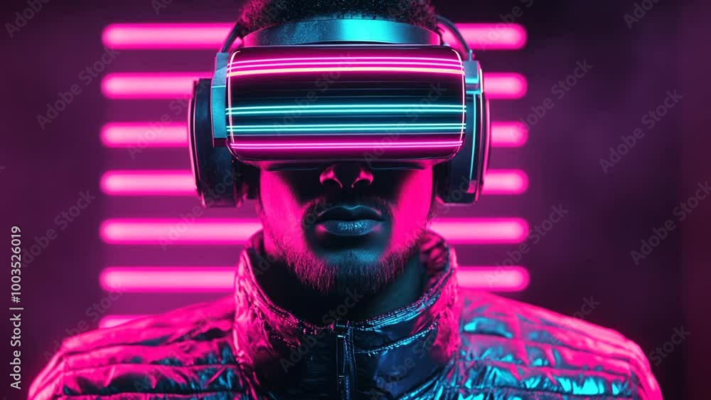 Aufkleber man explores virtual reality with futuristic headset in neon lights generative ai