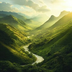 Obraz premium Serene mountain valley with a river winding through it, surrounded by lush green hills and a bright sky.